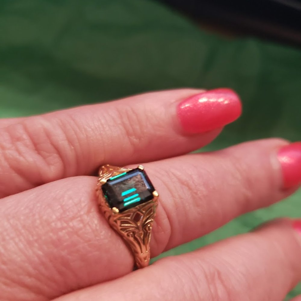 Moissanite Fire Green Emerald Cut Ring Gold over Sterling Size 8